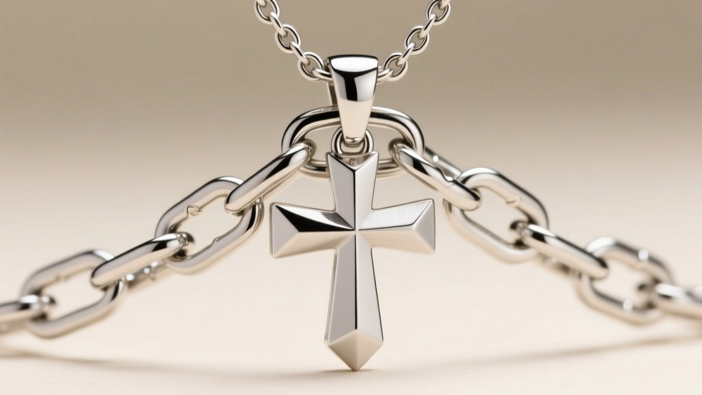 Extreme close-up of a steel curb chain threaded through an oversized silver bail on a modern geometric cross necklace pendant