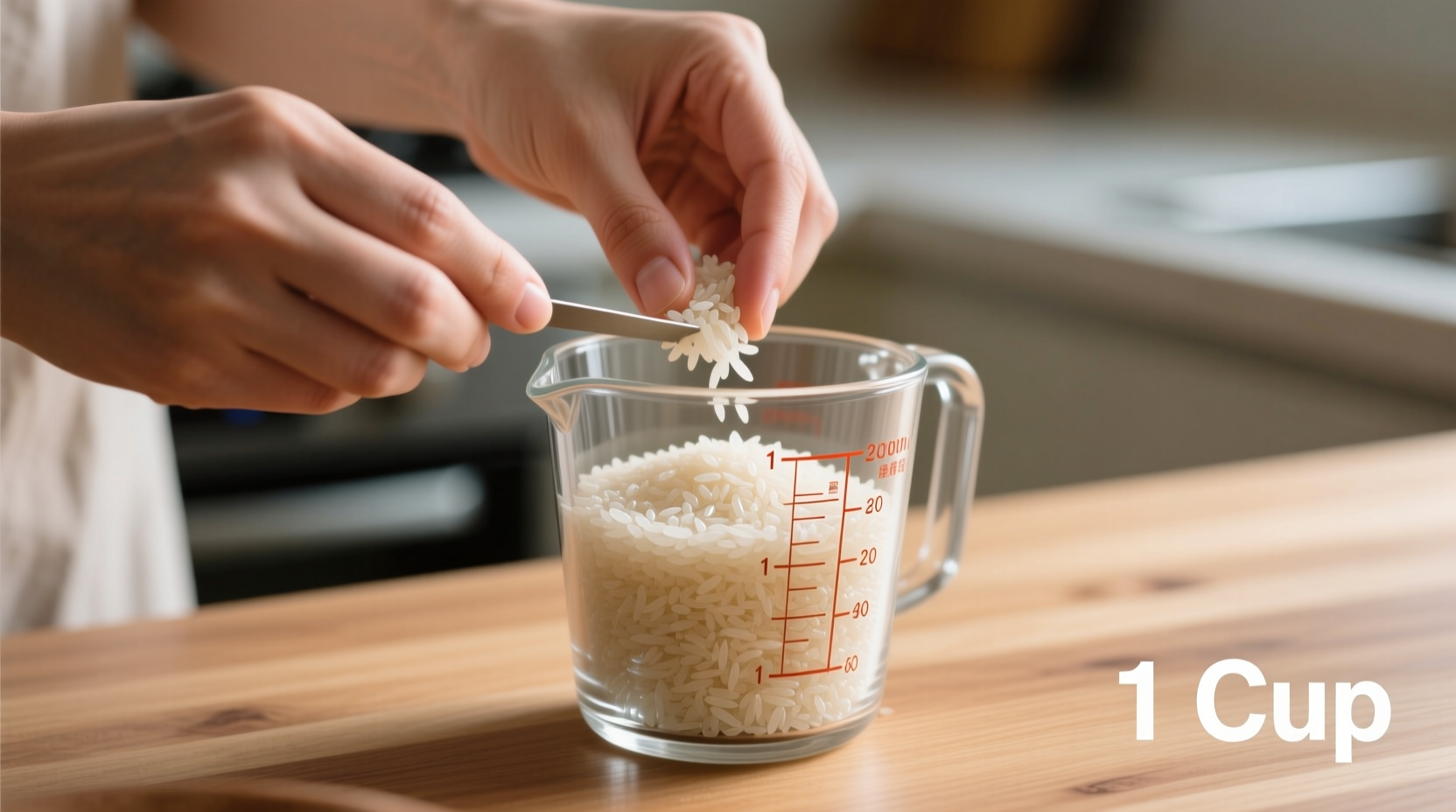 Hands measuring rice in clear glass measuring cup