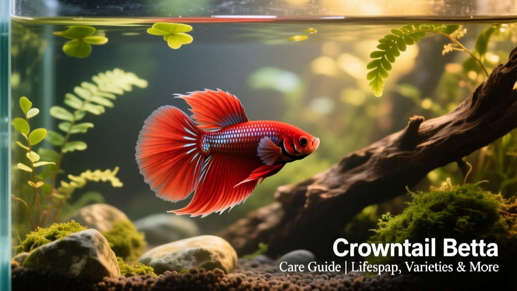 Vibrant red Crowntail betta swimming gracefully amid floating java fern and driftwood in a naturalistic 10-gallon aquarium