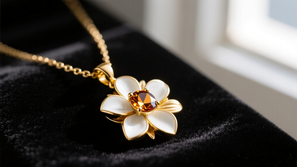 Vintage gold-tone Avon flower necklace pendant with white enamel petals and an amber rhinestone resting on dark velvet.