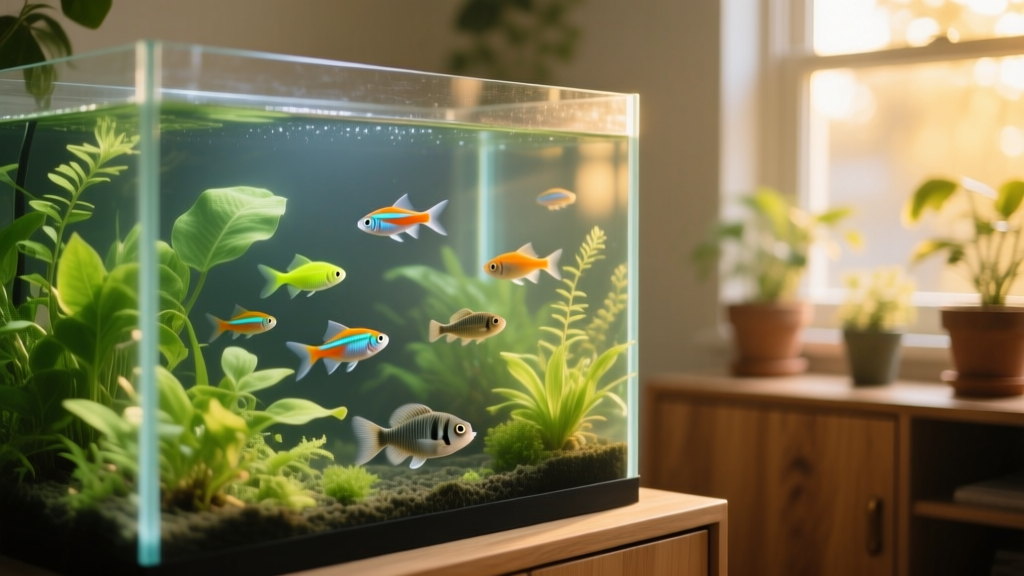 Aquarium showing balanced water parameters, healthy plants, and calm community fish—representing ideal preventive conditions