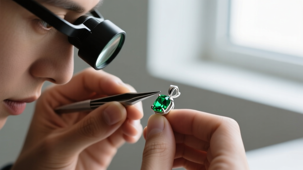 Jeweler using a prong pusher and loupe to set a fragile green beryl gemstone into a four-prong sterling silver pendant setting.