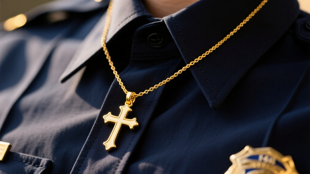Close-up of a delicate 14k yellow gold cross pendant necklace on a dark navy police uniform shirt under cinematic lighting.