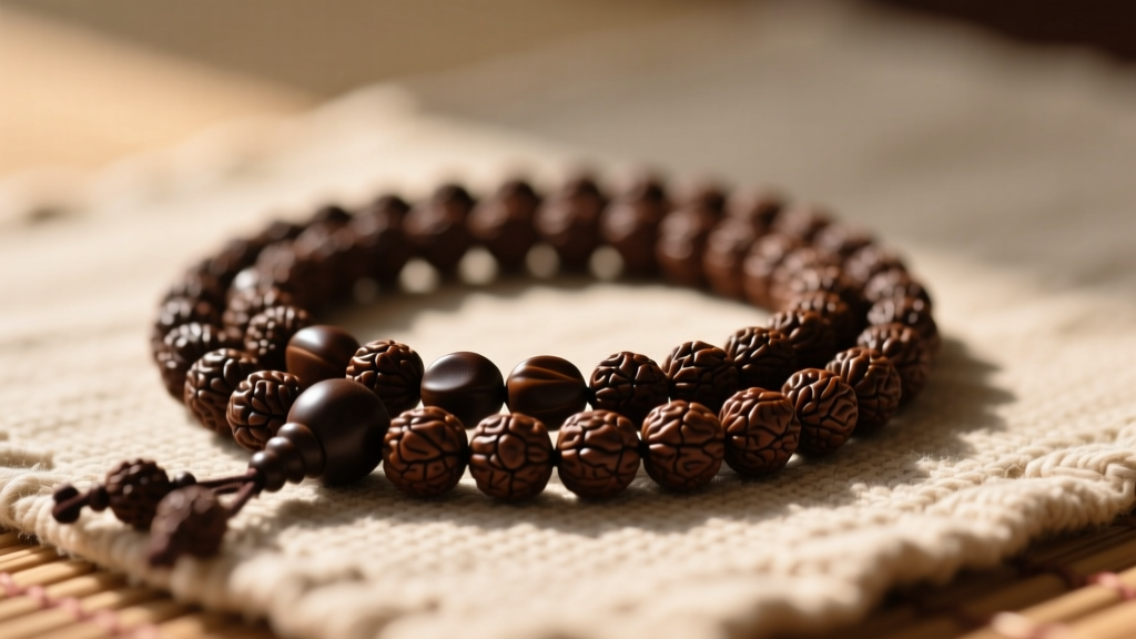 Close-up of a traditional 108-bead mala necklace of dark brown Rudraksha seeds resting on a soft textured linen meditation mat.