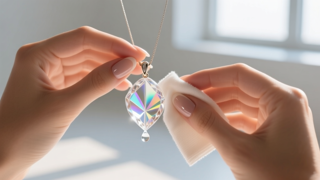 Close-up of hands gently cleaning a hydroneer resin pendant with a soft microfiber cloth and distilled water in a bright studio