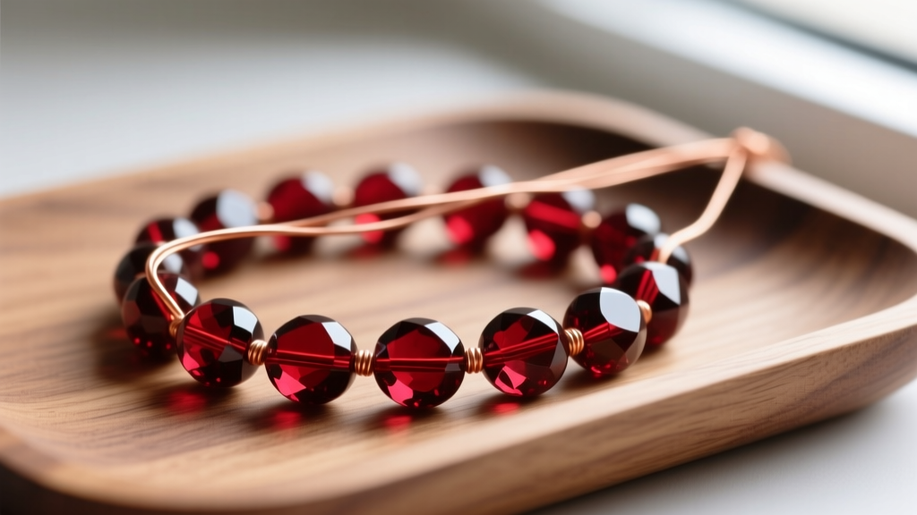 Macro view of silk cord and wire threading through 6mm almandine garnet beads on a wooden jeweler's workbench with metal tools.