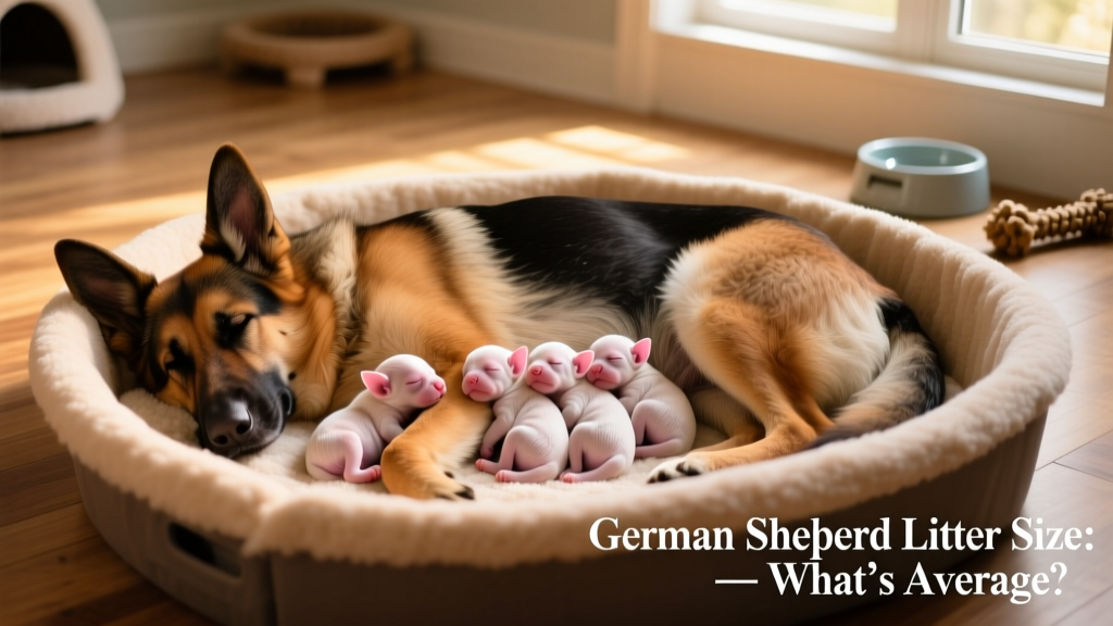 A healthy German Shepherd mother with her newborn puppies resting together in a cozy whelping box