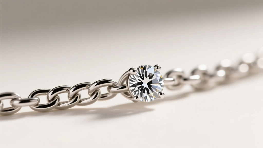 Macro shot of a delicate platinum wheat chain link attached to a round brilliant melee diamond, sharp focus on the metal texture.