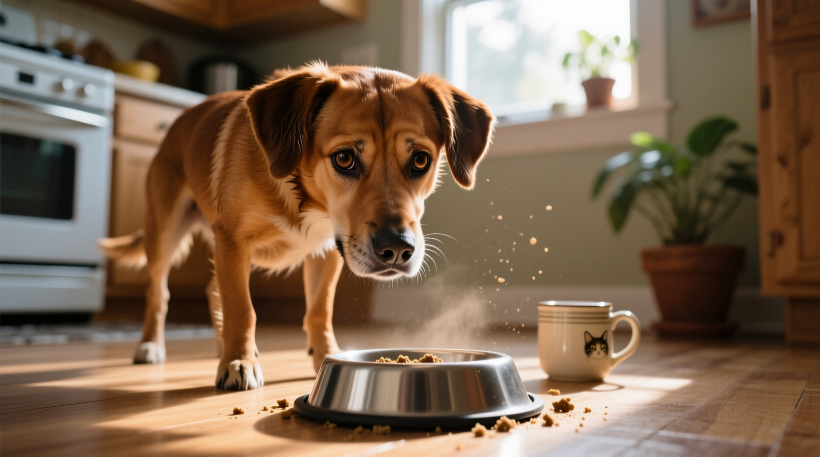 Dog looking at cat food bowl with concerned expression