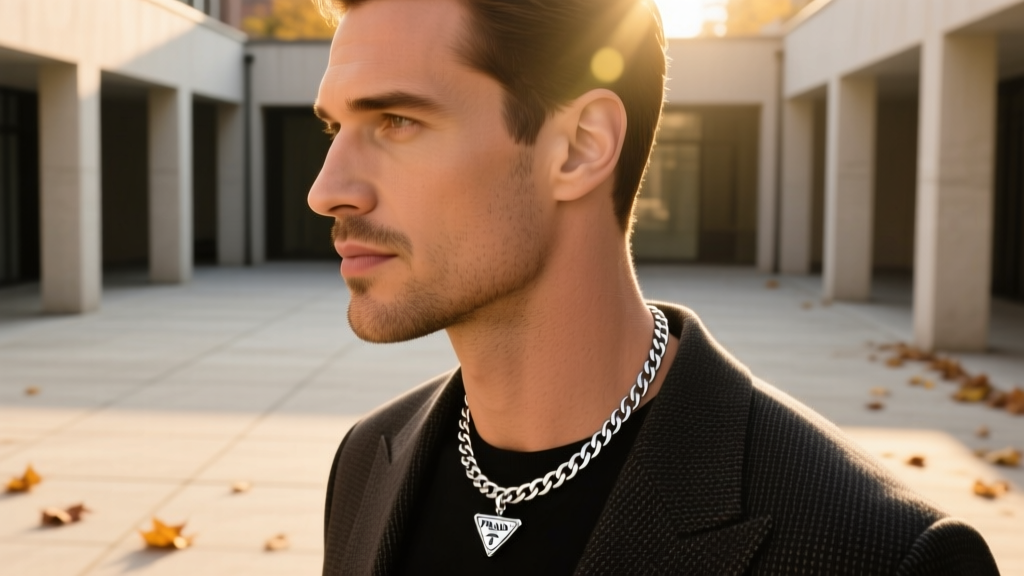 Profile of man wearing 925 silver Prada curb chain necklace with small engraved triangle charm, warm golden hour outdoor lighting