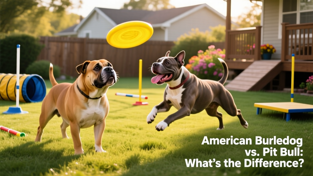 Two dogs—one American Bulldog and one Pit Bull—playing side-by-side in a sunlit backyard with a frisbee and agility equipment nearby