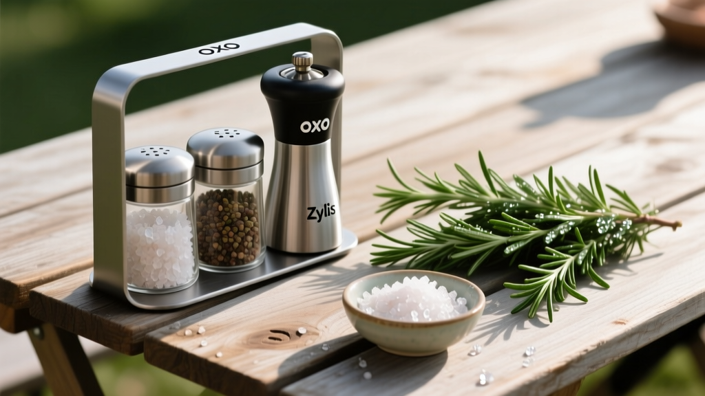 OXO spice rack and Zyliss manual grinder resting on wooden tailgating table next to fresh rosemary sprigs and coarse sea salt