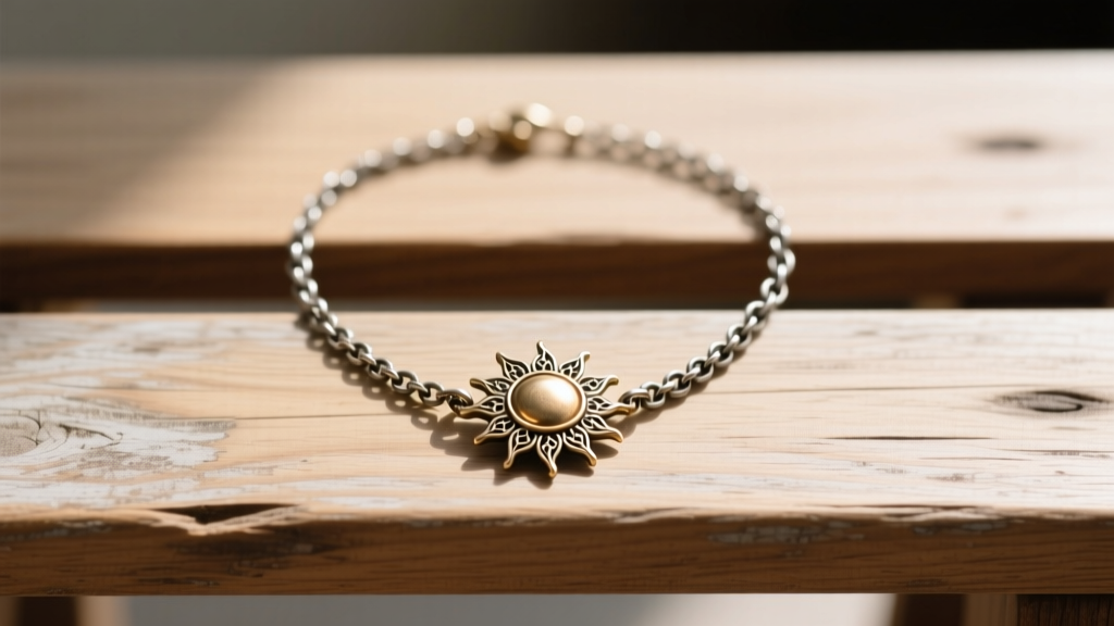 Restored vintage sun necklace featuring a 1.5mm oxidized silver rolo chain and a secure lobster clasp laid flat on a wooden bench