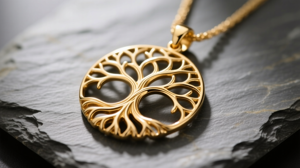 Close-up of 14k gold tree of life pendant on slate, showing delicate branch cutouts and polished roots under soft studio lighting