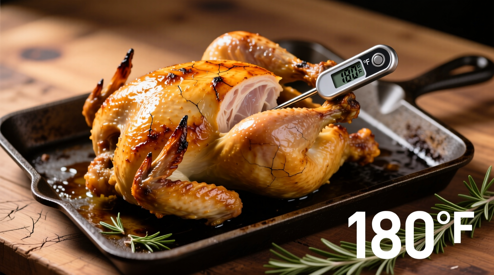 Perfectly roasted chicken on baking sheet with thermometer