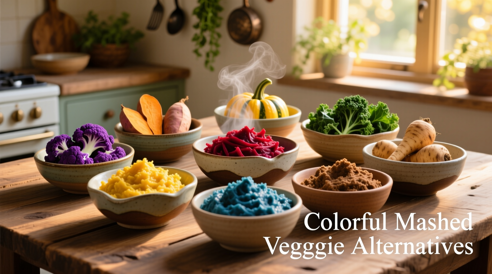 Seven bowls of colorful mashed vegetable alternatives