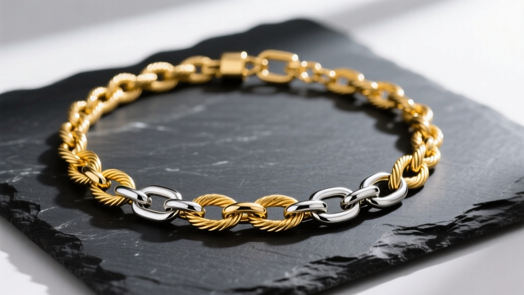 Flat lay of a clash necklace featuring an 18k yellow gold cable chain intertwined with a silver paperclip chain on dark slate.