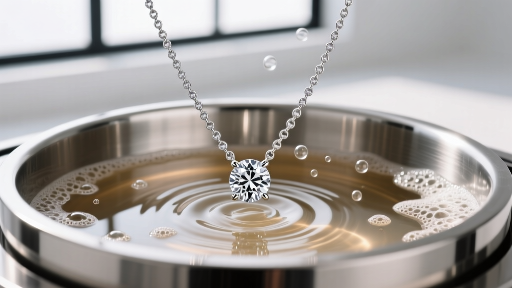 Ultrasonic cleaner vibrating a platinum diamond tennis necklace in a stainless steel tank filled with warm soapy cleaning solution.