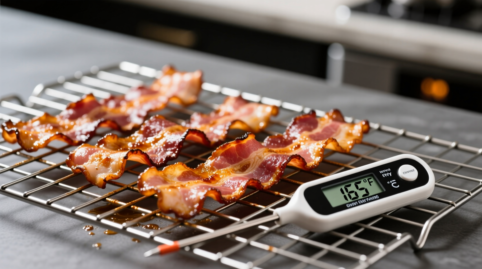 Crispy air fryer bacon on wire rack with cooking thermometer