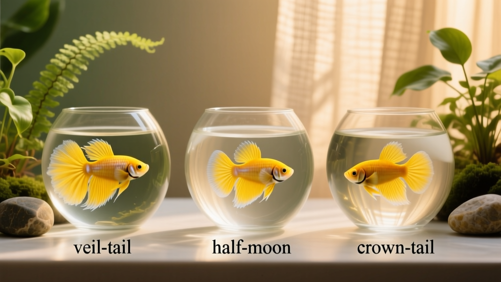 Side-by-side comparison of three yellow betta varieties: veil-tail, half-moon, and crown-tail