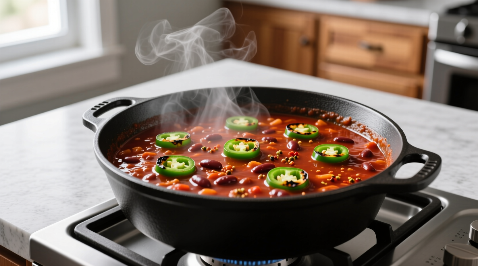 Weeknight cooking chili pot with visible jalapeño pieces demonstrating safe medium heat level for family meals unlike restaurant-style ultra-spicy versions
