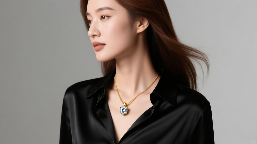 Elegant woman wearing an 18k gold pendant with a brilliant diamond on a black silk blouse under soft studio lighting