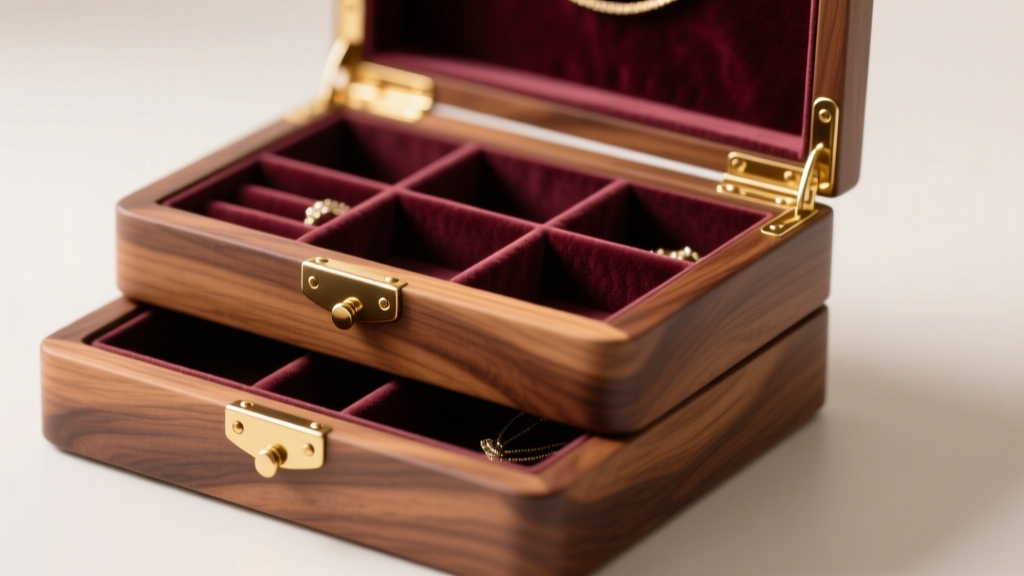 Close-up of solid walnut tiered cake jewelry organizer with brass hinges, showing wood grain and anti-tarnish velvet lining.