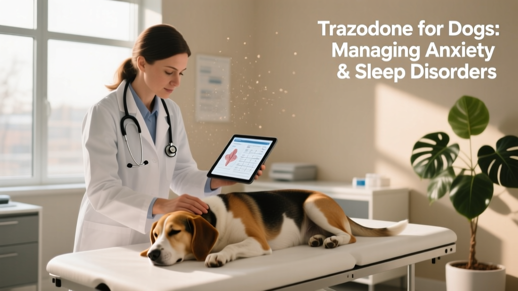 Veterinarian gently examining a dog in a calm exam room, with a stethoscope and chart nearby