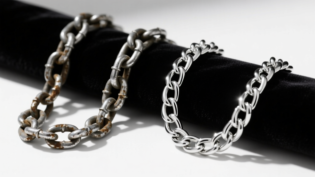 Dull tarnished silver chain on left compared to highly polished bright silver chain on right resting on dark velvet fabric