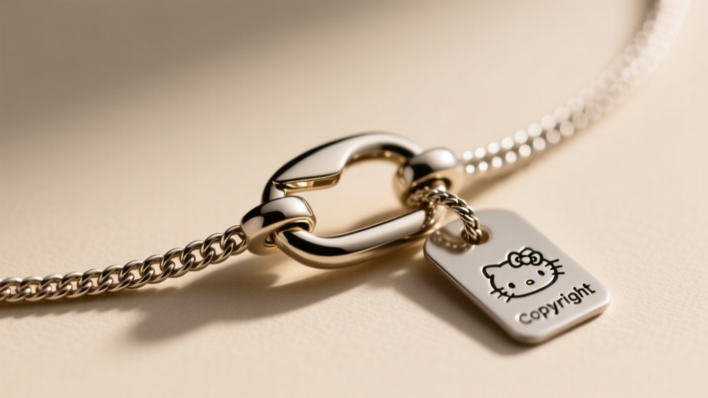 Close-up of a lobster clasp on a 1.2mm figaro chain, showing a tiny Sanrio copyright hallmark stamped on the metal tag