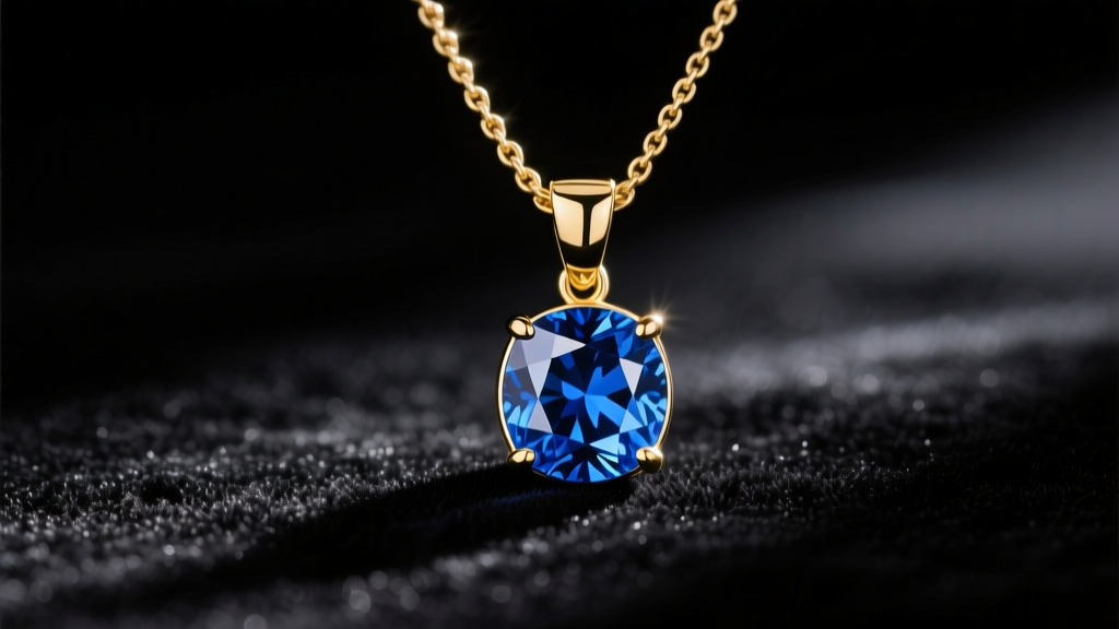 Close-up of a 14k gold pendant necklace with gem, featuring a lab-created blue sapphire, resting on dark velvet under studio light