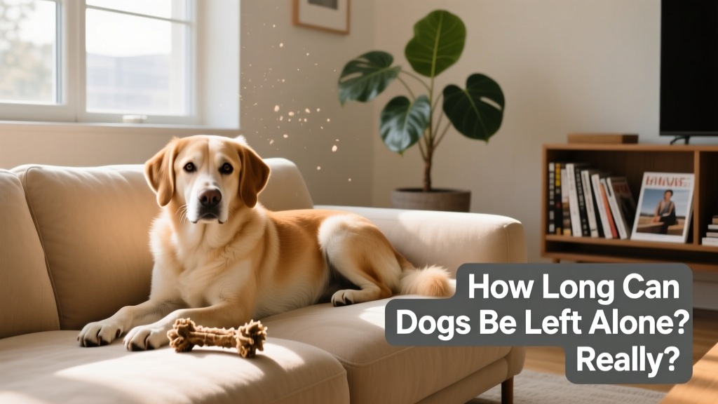 A calm adult dog resting comfortably in a sunlit living room with a chew toy nearby