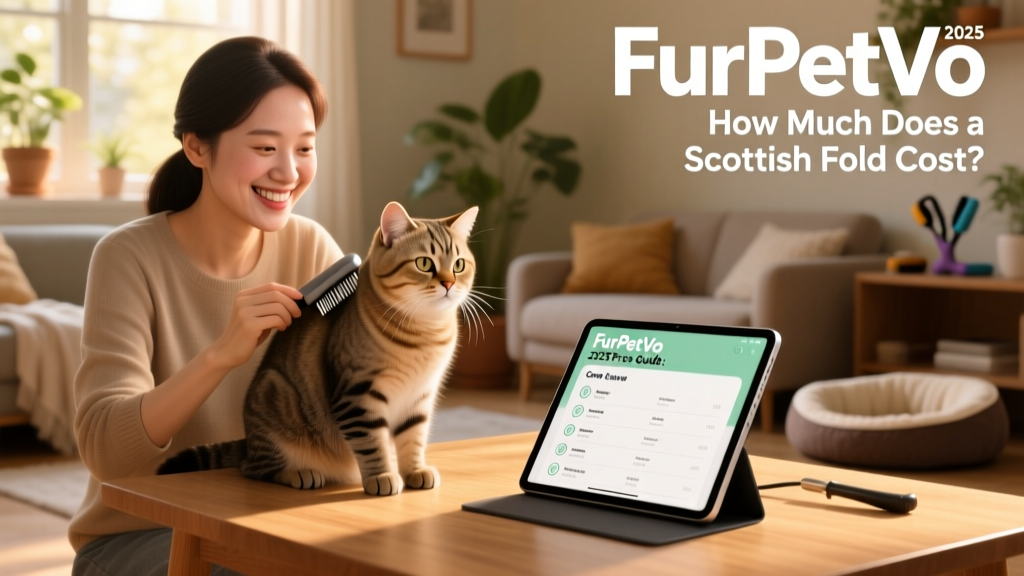 A smiling owner gently brushing their adult Scottish Fold while referencing a FurPetVo care checklist on a tablet nearby