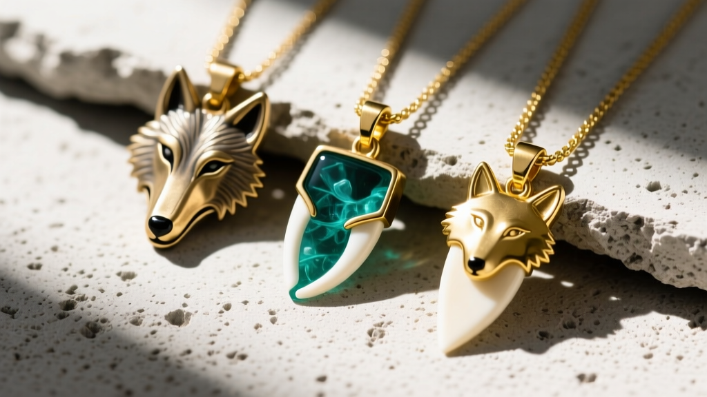 Flat lay of three wolf tooth pendants in brass, bio-resin, and gold vermeil on raw concrete, bright natural daylight.