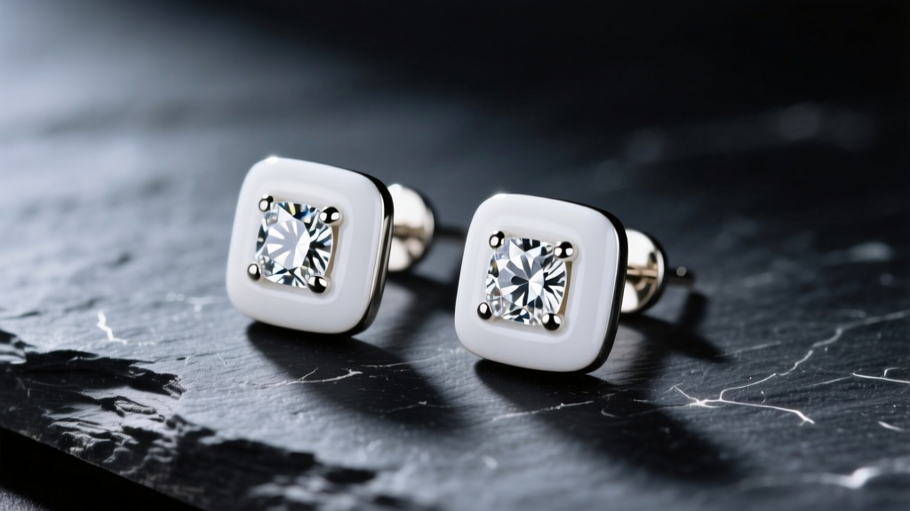 Macro shot of white enamel and cubic zirconia stud earrings on dark slate, showing micro-scratches under bright studio lighting.