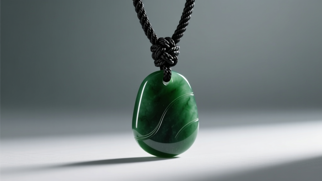 Dark green nephrite jade pendant on a black macrame cord, lit by soft studio lighting for a masculine jewelry style guide.