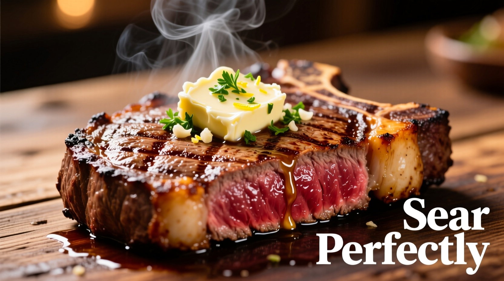 Perfectly seared steak with garlic and herb butter