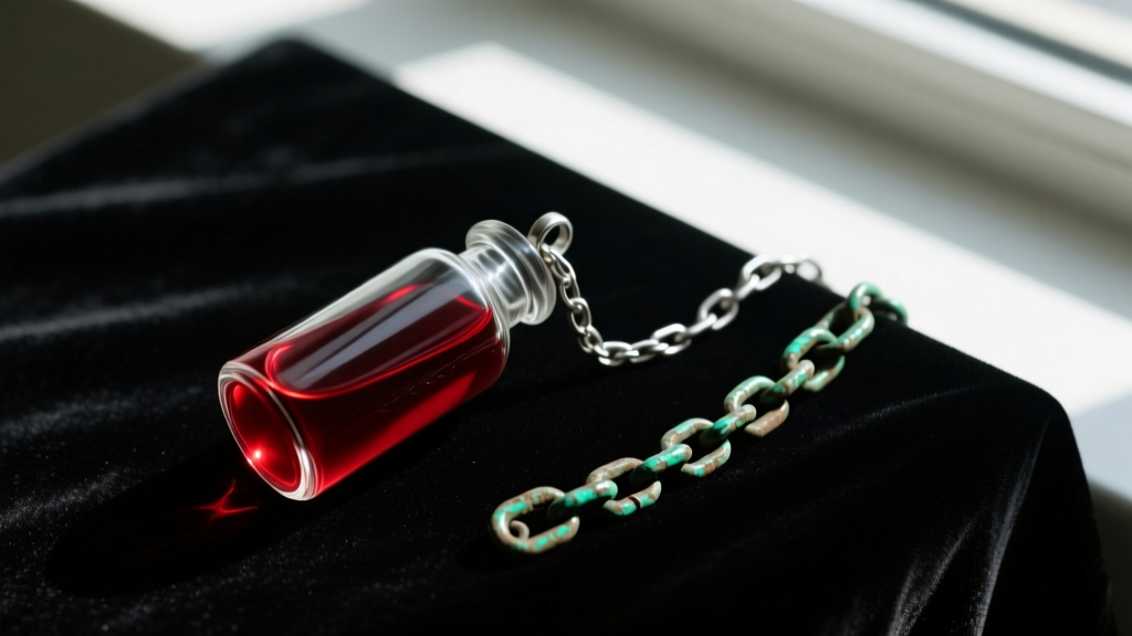 Moody flat-lay of a Y2K gothic glass vial pendant filled with crimson liquid on black velvet beside an oxidized silver chain