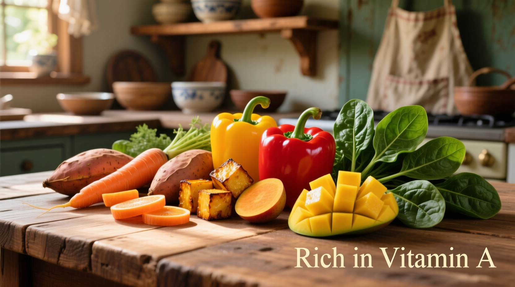 Colorful foods rich in vitamin A on wooden table