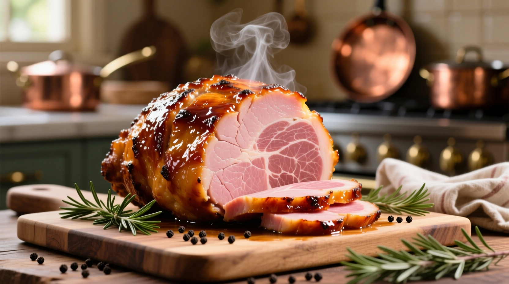 Perfectly glazed baked ham with golden crust