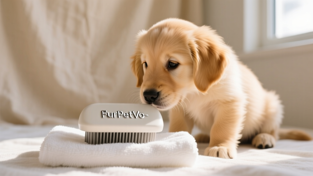 Puppy curiously sniffing a FurPetVo-branded dog brush placed on a clean towel