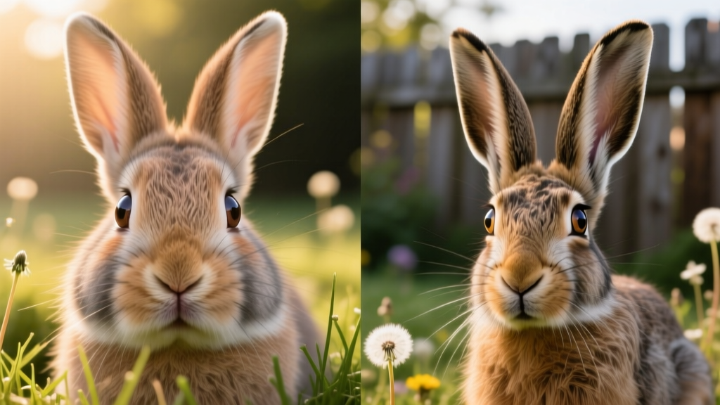 Close-up comparison of a domestic rabbit’s face and a wild hare’s face, highlighting ear length and eye shape