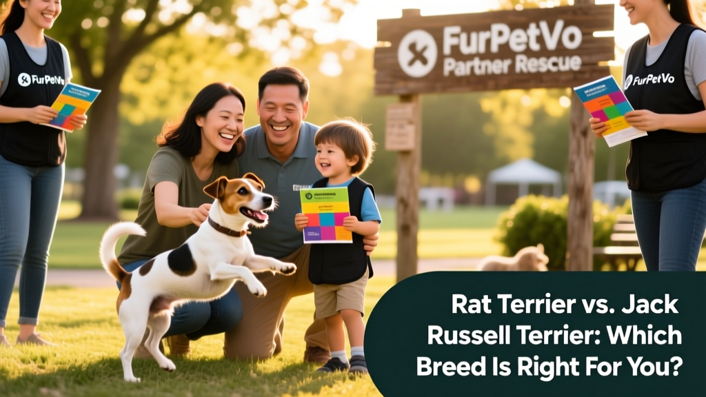 A joyful family meeting a Rat Terrier and a Jack Russell Terrier at a FurPetVo partner rescue event, with volunteers nearby holding adoption information brochures