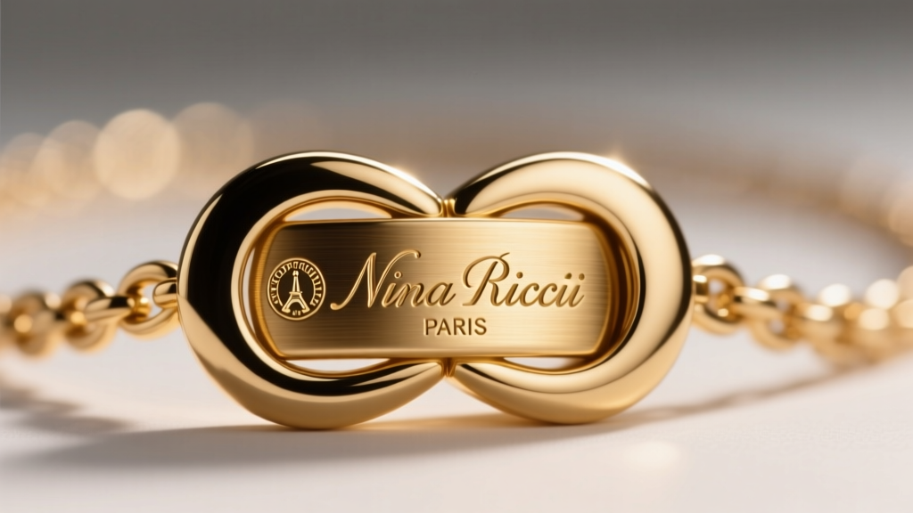 Macro photography of a Nina Ricci necklace clasp showing the engraved copyright symbol and Paris hallmark on textured gold metal