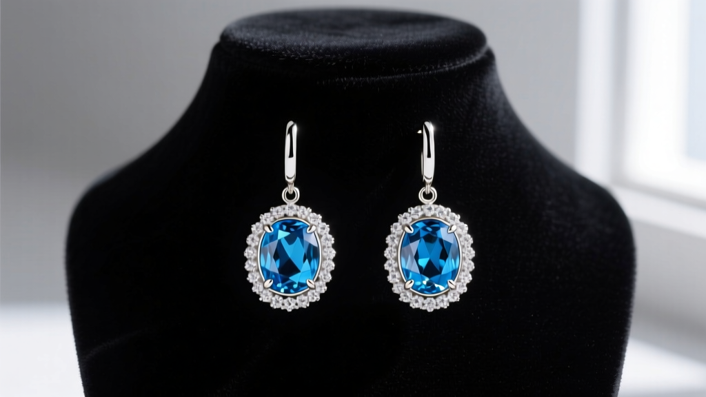 Profile of 18k white gold drop earrings with Swiss blue topaz and diamond halo, displayed elegantly on a dark velvet jewelry bust.