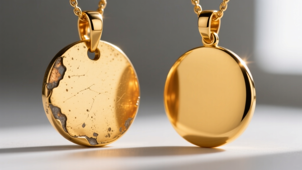 Macro shot comparing the worn edge of a gold vermeil disc pendant showing brass exposure next to a pristine solid 14k gold disc.