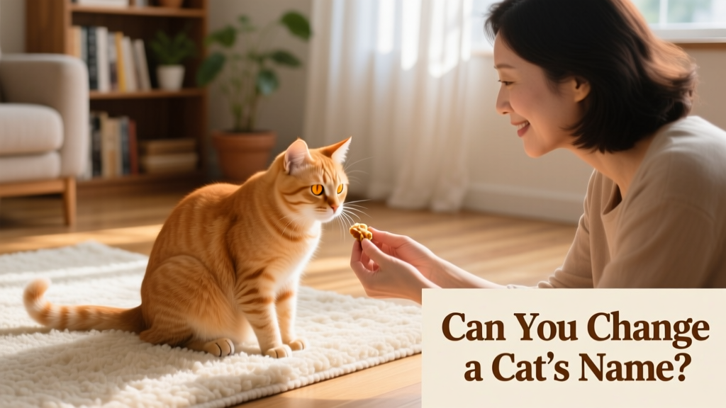 A person gently offering a treat to a relaxed ginger cat seated on a cozy rug