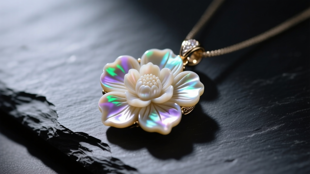 Close-up of a carved mother of pearl floral pendant on dark slate, highlighting deep grooves and iridescent luster.