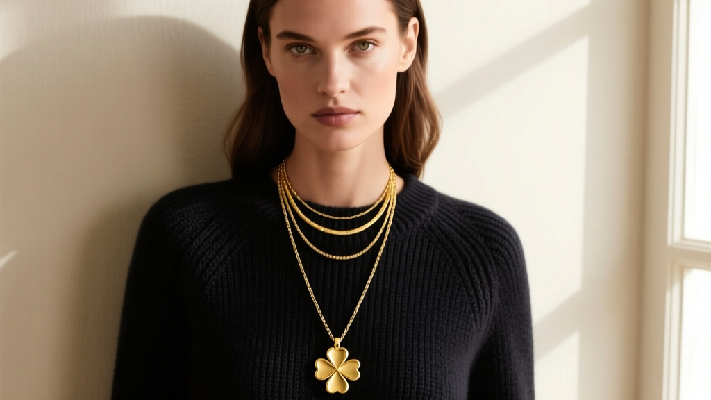 Model wearing a layered stack with a long Rachel Zoe clover pendant over a dark sweater, showing the bright gold metal finish.