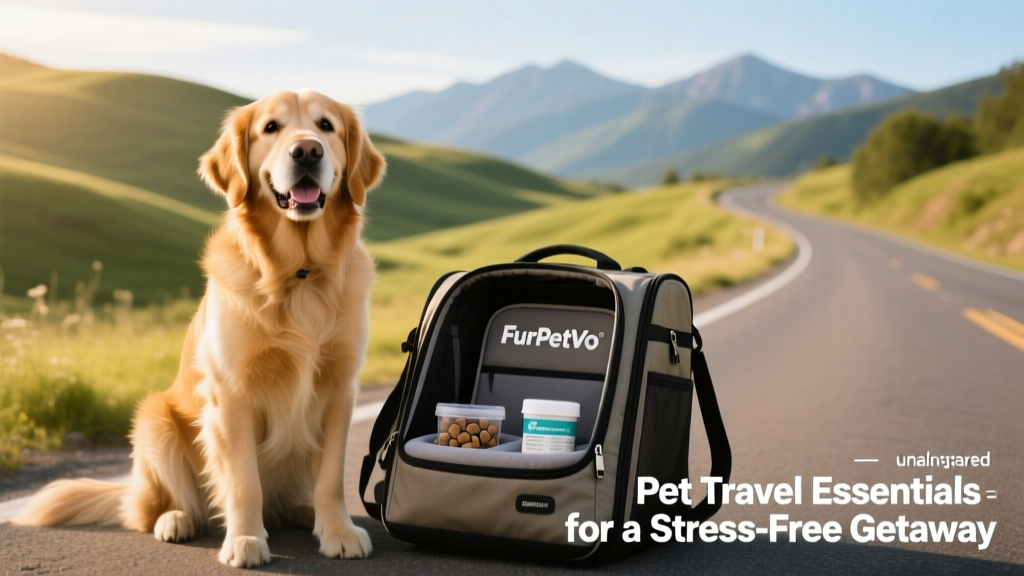 A happy dog sitting beside a neatly packed travel bag containing a FurPetVo carrier, booster seat, and calming chews, with a scenic road trip backdrop